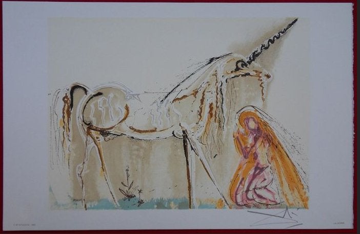 Salvador Dalí(1904)Lithografie " Cheval la Licorne " Ges Gel, Antiek en Kunst, Kunst | Litho's en Zeefdrukken, Ophalen of Verzenden