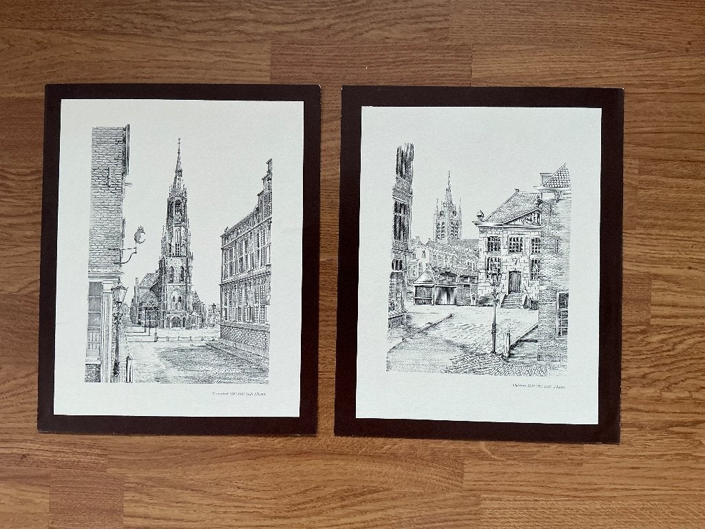 2 unieke prenten van de Nieuwe en de Oude kerk van Delft, Gebruikt, Ophalen of Verzenden, Gebouw, Voor 1940