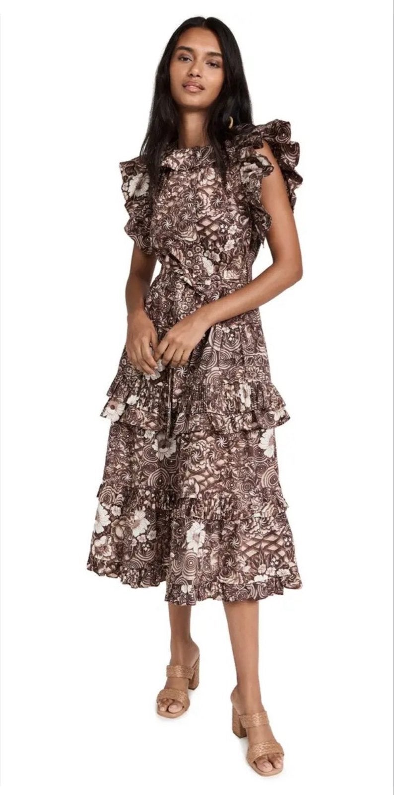 Ulla Johnson Ruffle Midi Jurk - Bruin met bloemenprint, Kleding | Dames, Maat 38/40 (M), Bruin, Ophalen of Verzenden, Zo goed als nieuw