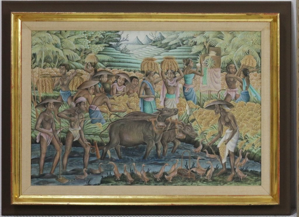 Antiek Indonesisch schilderij korenoogst gesigneerd, Ophalen, Gesigneerd, Olieverf, Doek