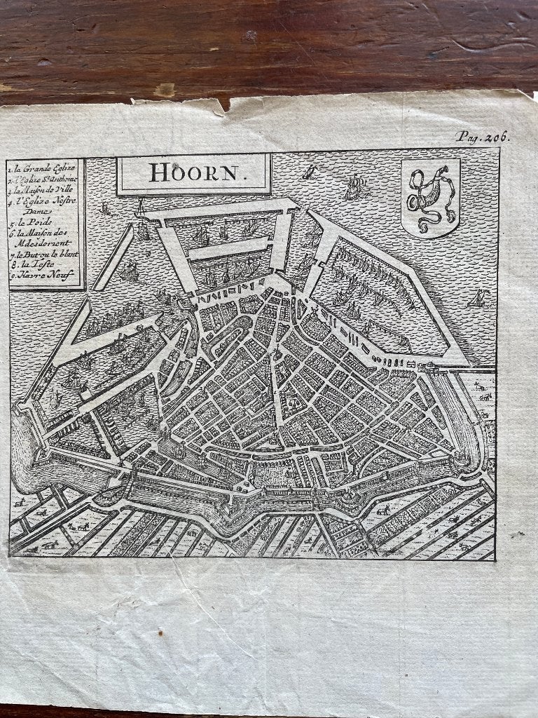 Historisch stadsgezicht van Hoorn 1725 (Legenda in Frans), Met tekst, Cartografie, Ophalen of Verzenden, Gravure