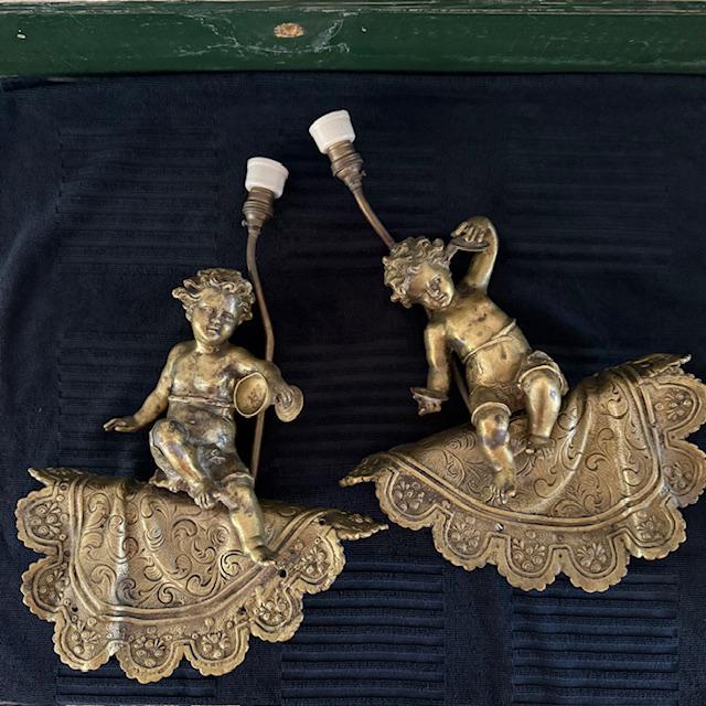 2 brons vergulde lampen, antiek, barok, putti, engel, 1900, Ophalen of Verzenden