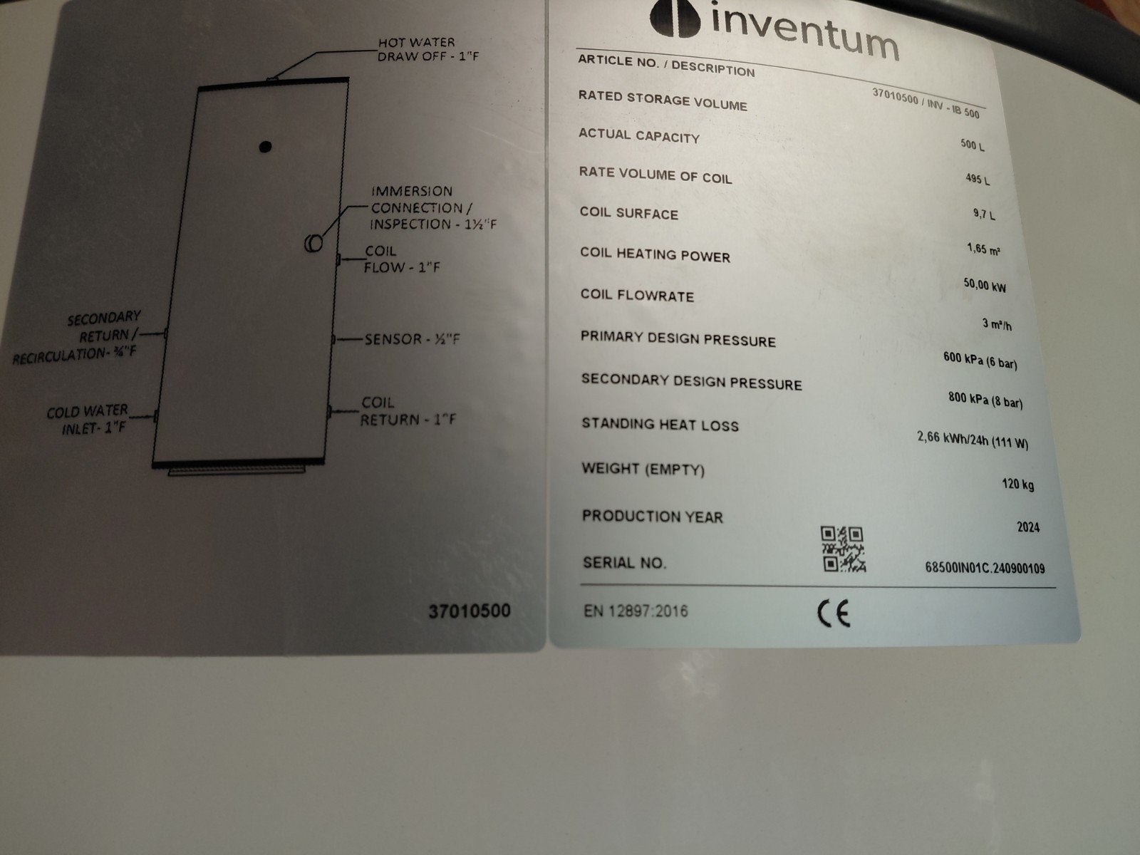 Nieuwe Inventum MaxTank IB 500 liter RVS boiler (50 kW), Doe-het-zelf en Verbouw, Geisers en Boilers, Ophalen of Verzenden