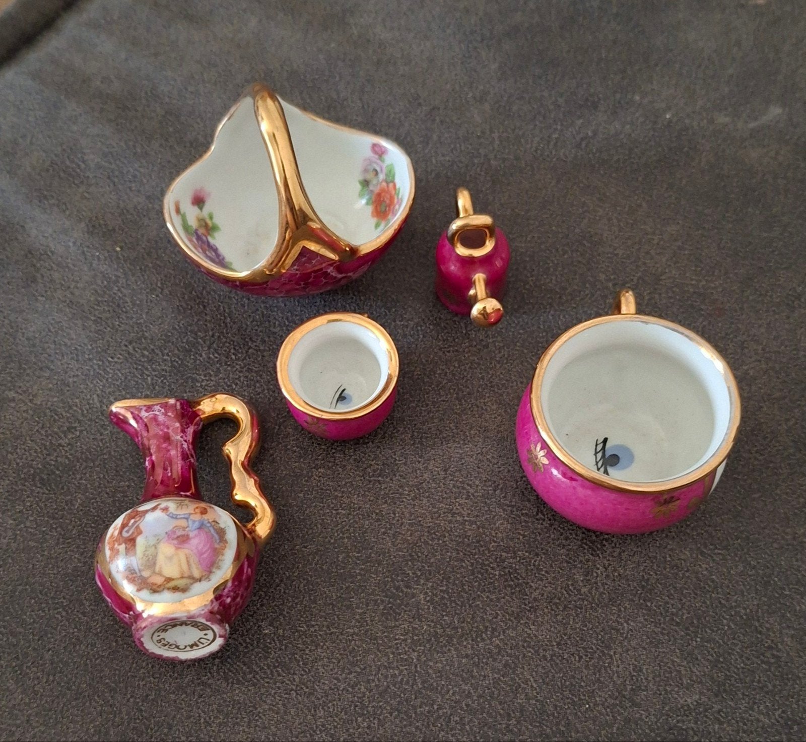Miniatuur porseleinen decoratieset - roze met goud, Ophalen of Verzenden