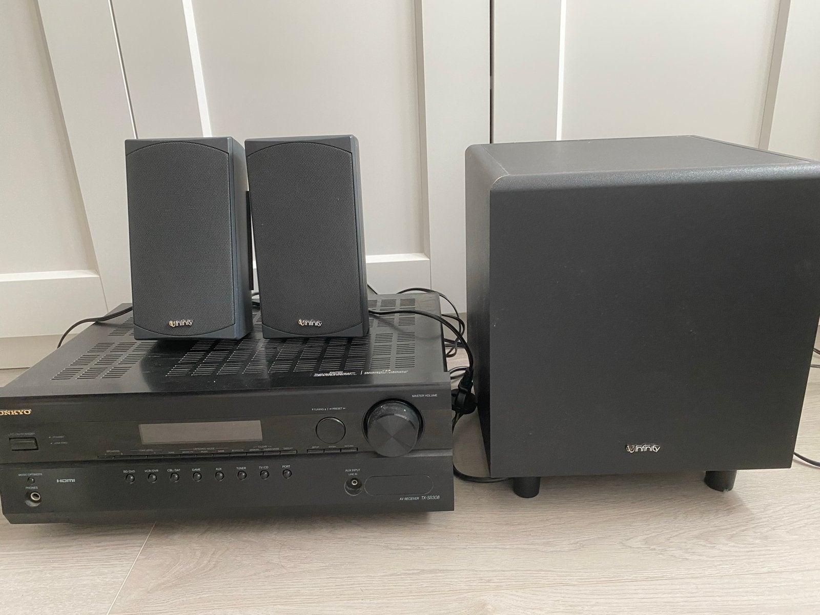 Onkyo TX-SR308 AV Receiver met Infinity speakers + subwoofer, Ophalen, Gebruikt, 60 tot 120 watt, Onkyo