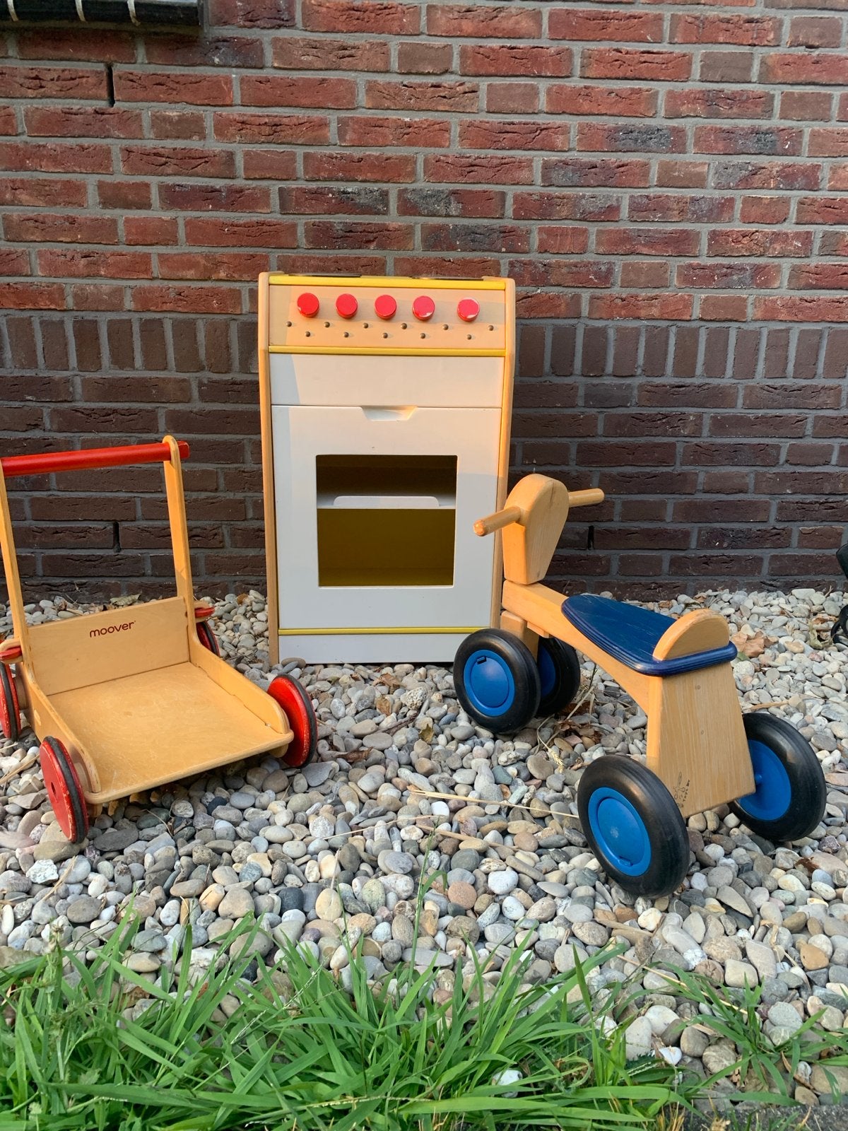 Houten speelgoed set: loopfiets, loopwagen, keukentje, Kinderen en Baby's, Speelgoed | Houten speelgoed, Ophalen, Gebruikt, Overige typen