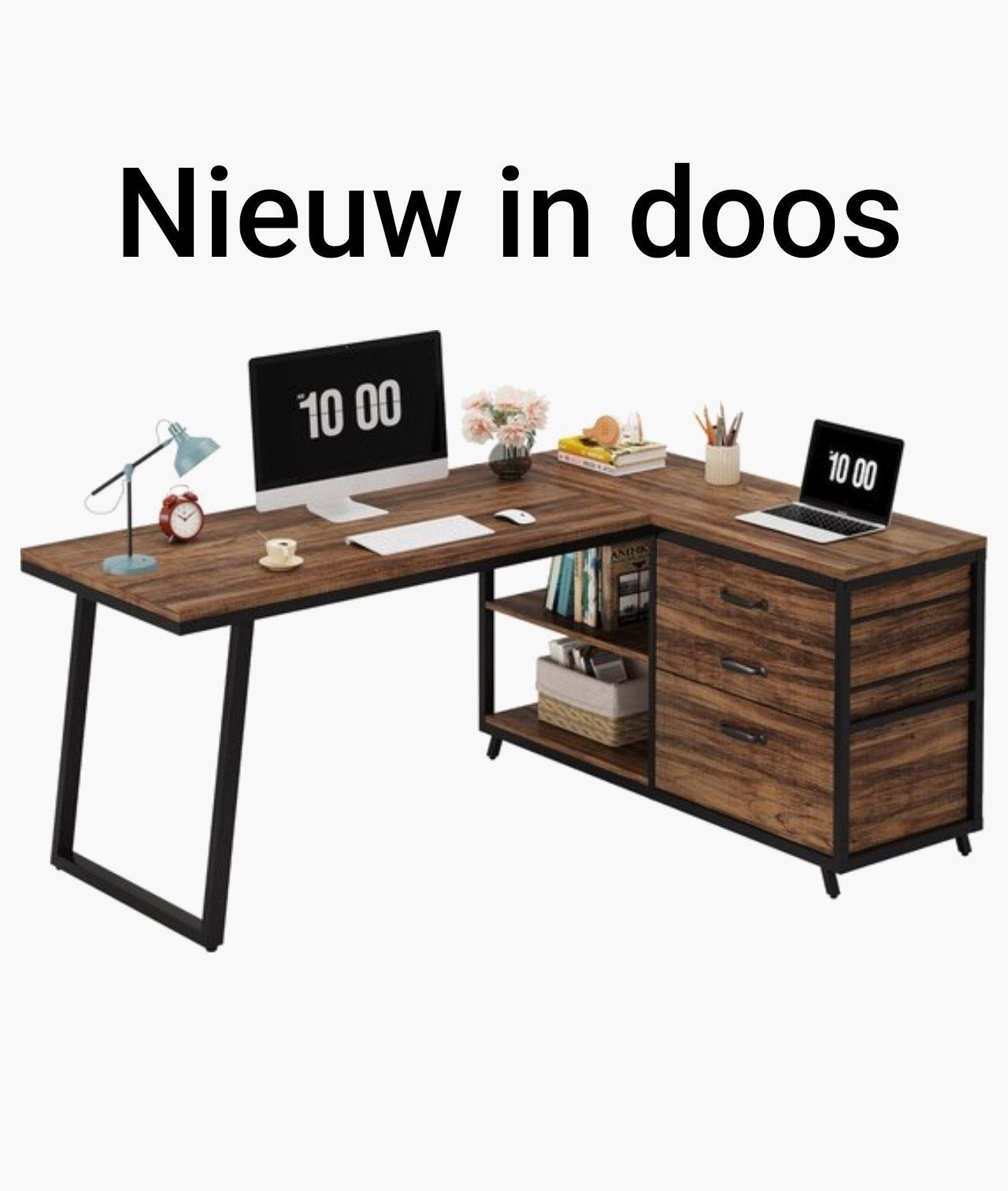 Nieuwe Tribesigns Hoekbureau Hout walnoot zwart bureau Laden, Met lades, Hout, Hoekbureau, Ophalen of Verzenden