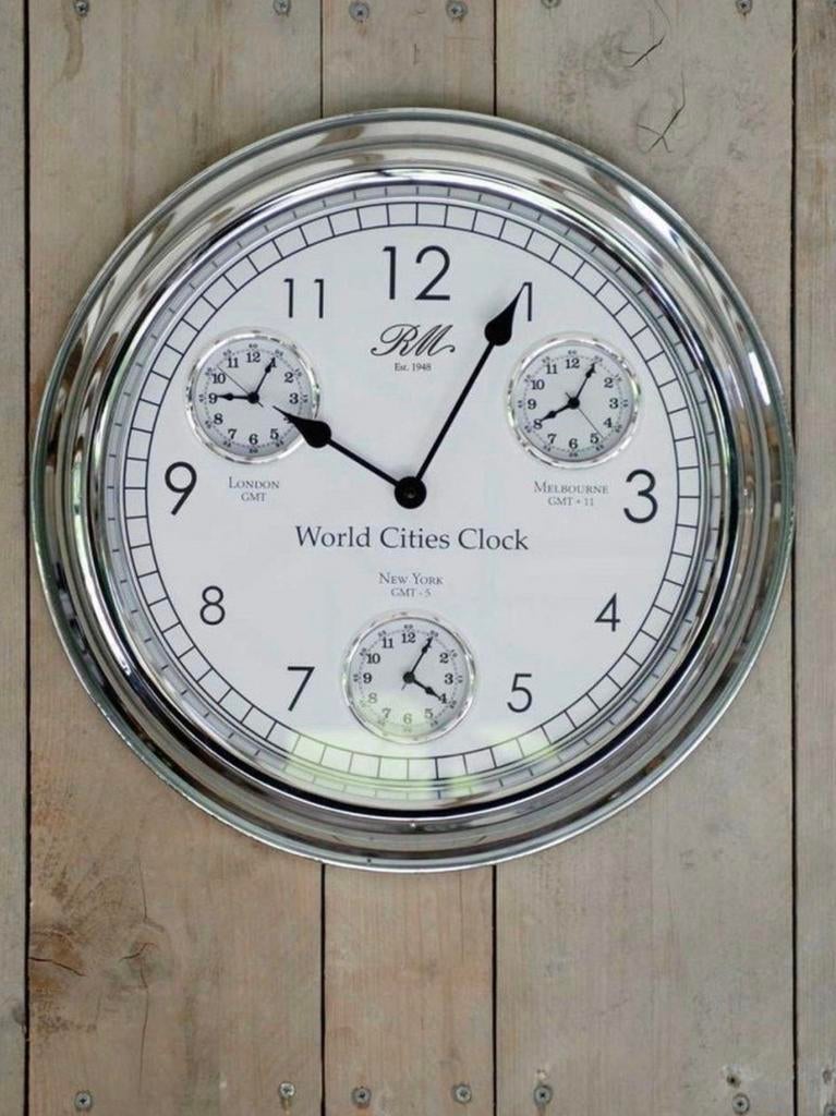 RM World Cities Klok - Analoge Wandklok met Meerdere Tijdzon, Ophalen, Zo goed als nieuw, Wandklok