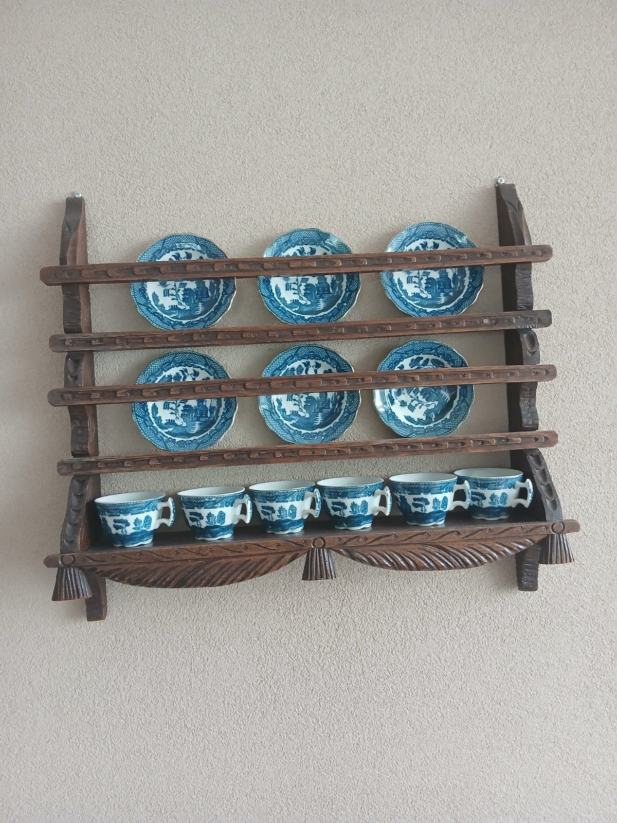 Antiek Delfts Blauw Servies met Houten Rek, Ophalen of Verzenden