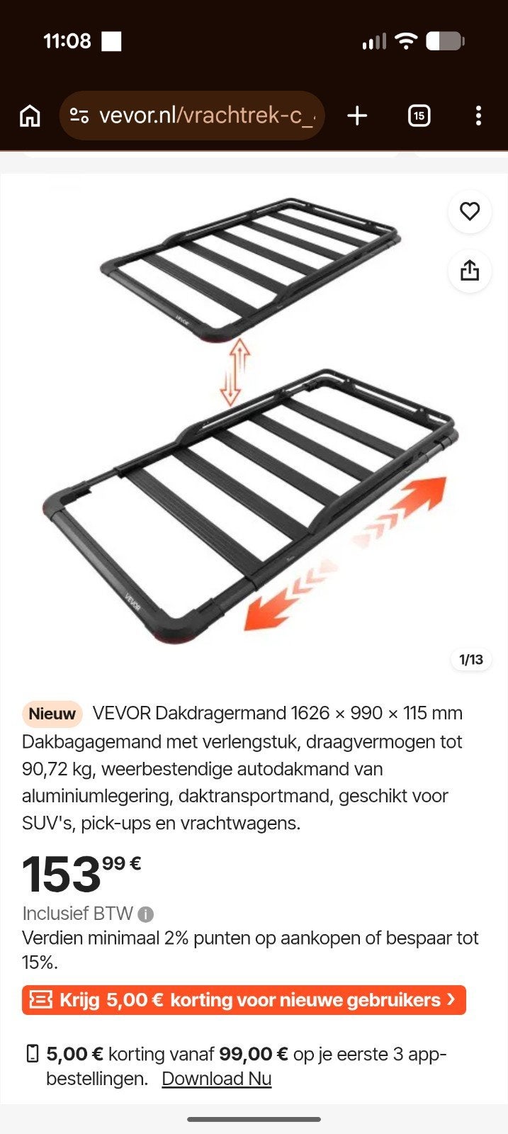 VEVOR Dakdrager Mand 1626x990x115mm - Verlengbaar, Ophalen of Verzenden, Zo goed als nieuw