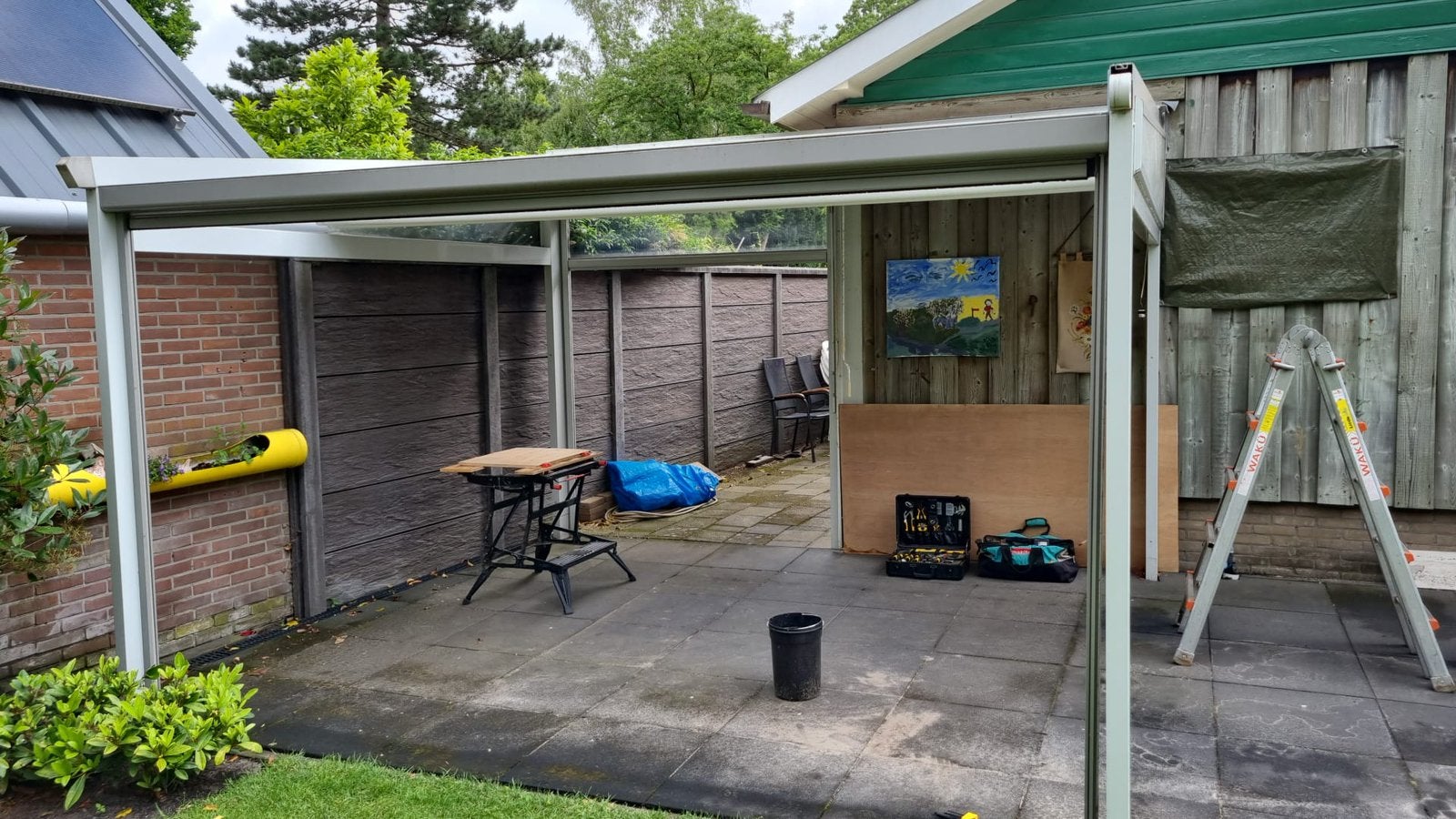 Corradi terrasoverkapping veranda 4x3,5m BxD wit aluminium, Ophalen, Gebruikt, Veranda