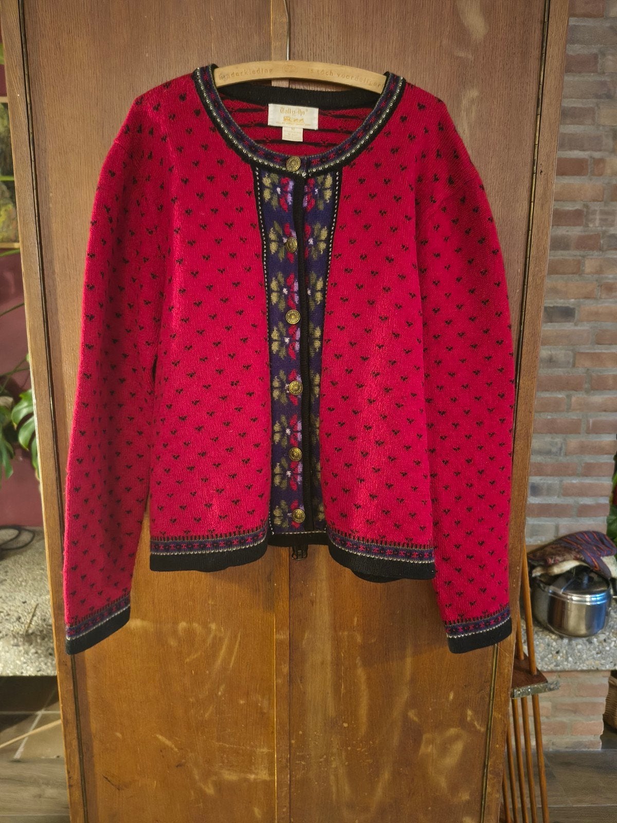 Vintage wollen vest rood met bloemen, maat M, Kleding | Dames, Maat 38/40 (M), Ophalen of Verzenden, Zo goed als nieuw, Tally-Ho