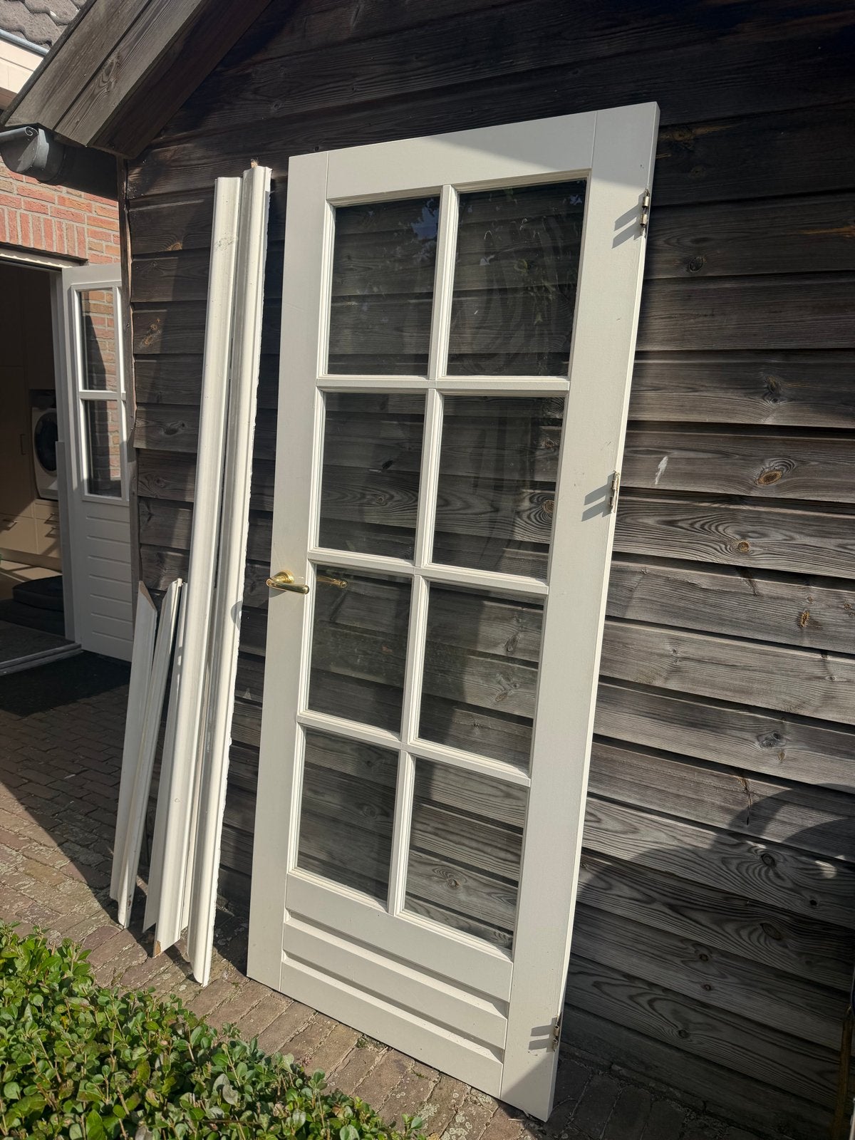 Stompe binnendeur met glas en architraven, 83x200 cm, Gebruikt, 80 tot 100 cm, Binnendeur, Ophalen of Verzenden
