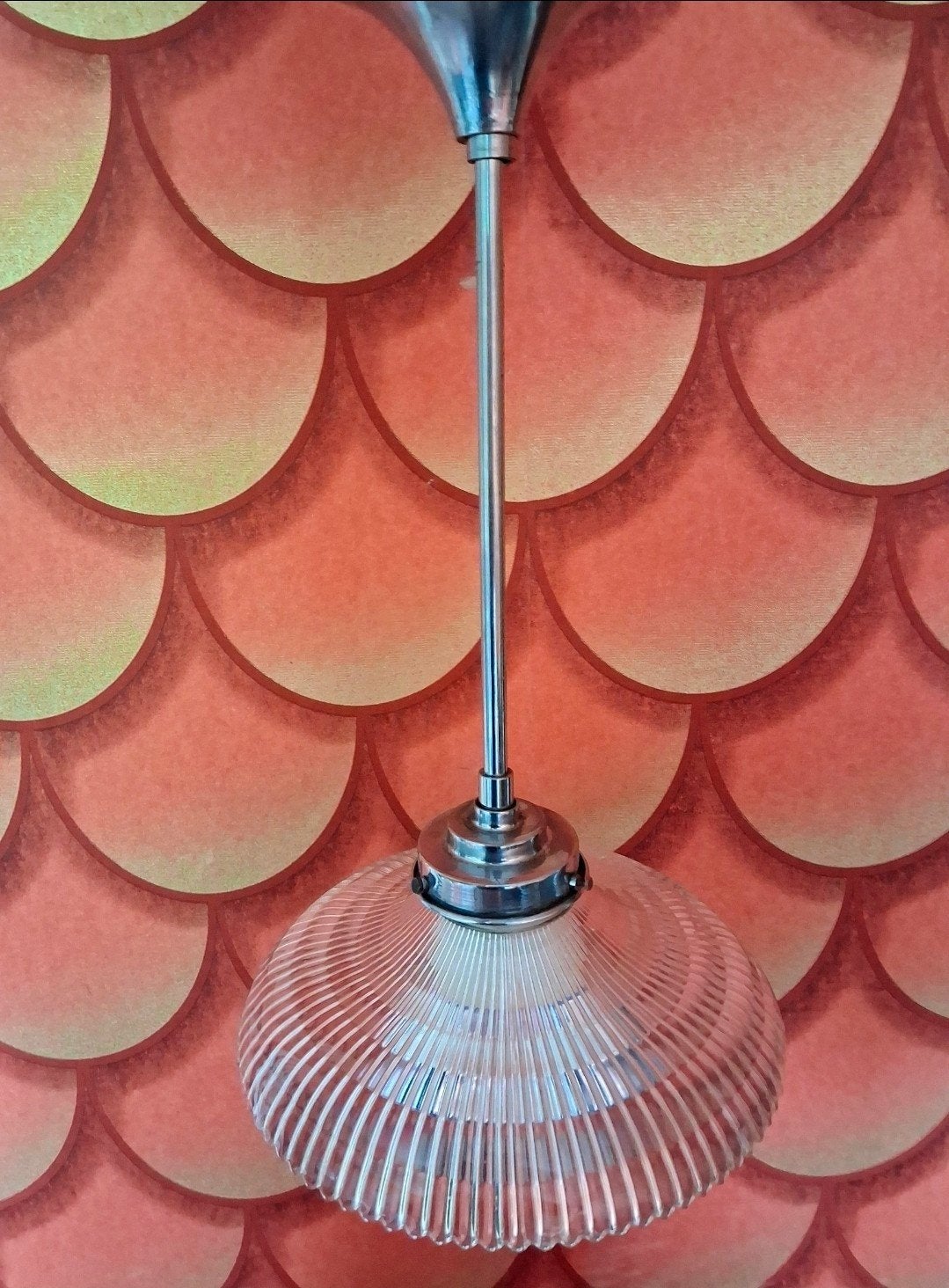 Originele Vintage Holophane Hanglamp Art Deco Geribbeld Glas, Ophalen of Verzenden, Glas