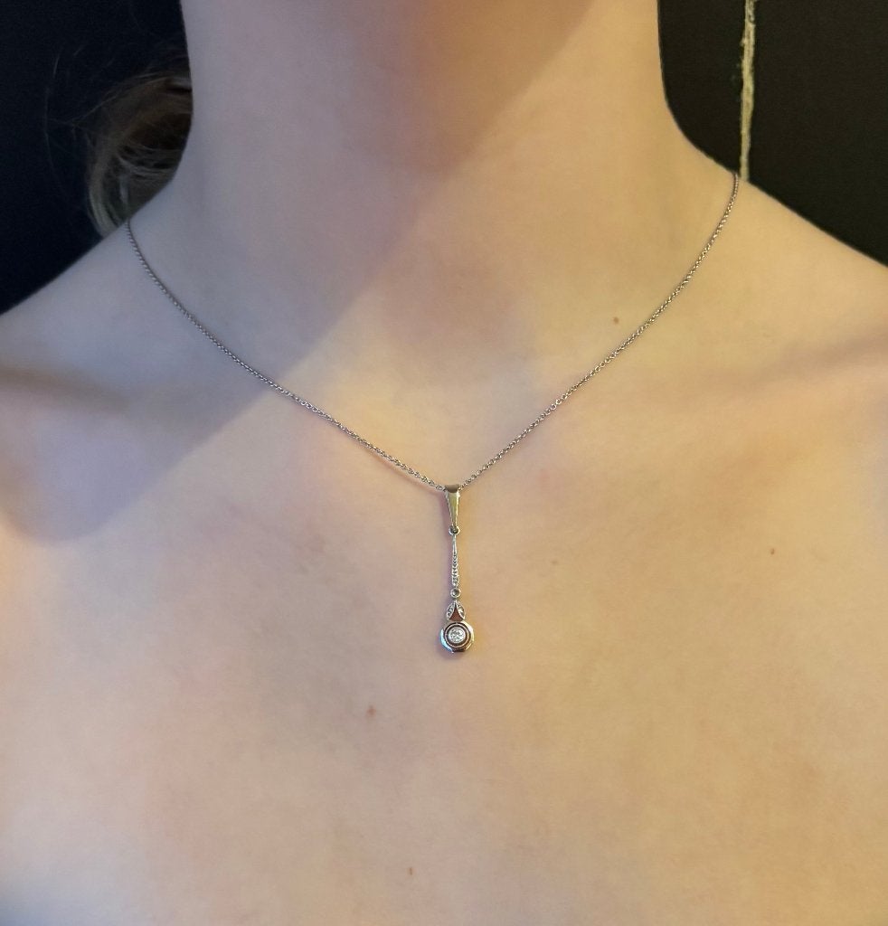 Diamanten art deco 18k goud ketting en hanger antiek fraai, Ophalen of Verzenden, Goud, Ketting, Met edelsteen