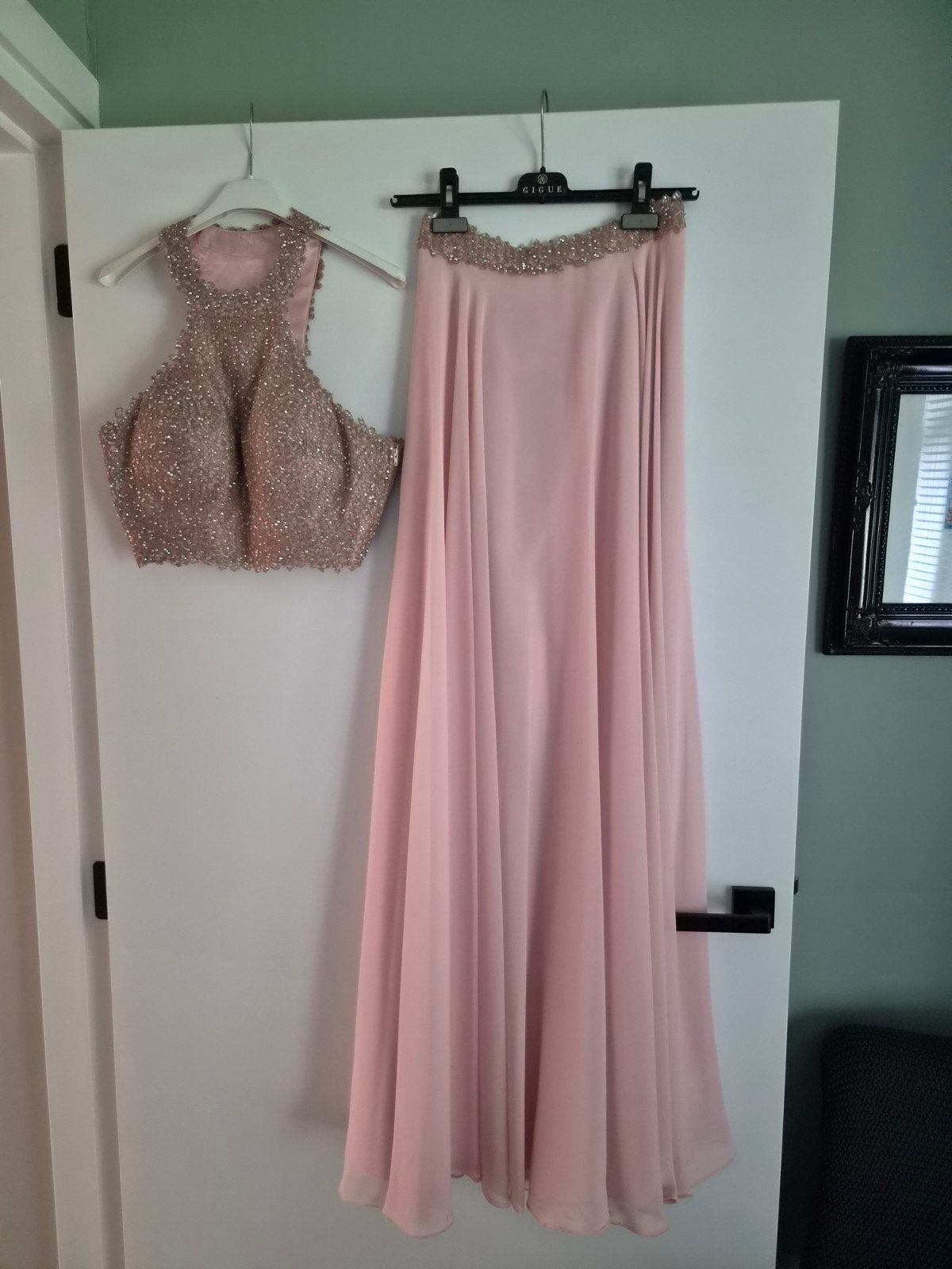 Roze galajurk tweedelig met glitter top, Maat 38/40 (M), Ophalen of Verzenden, Roze, Onder de knie