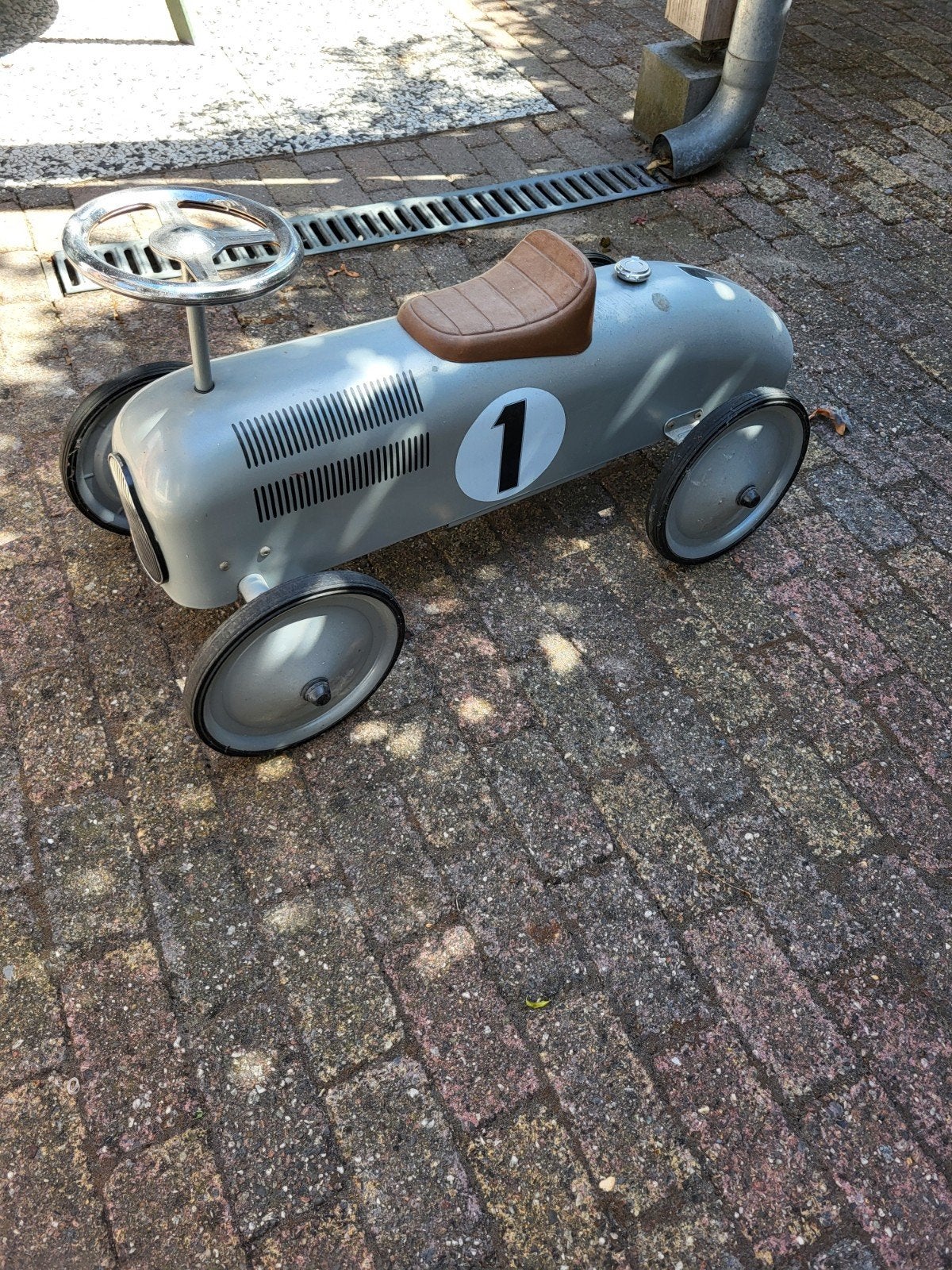 Vintage loopauto 'Nummer 1' - Grijs, Kinderen en Baby's, Speelgoed | Speelgoedvoertuigen, Ophalen of Verzenden, Gebruikt