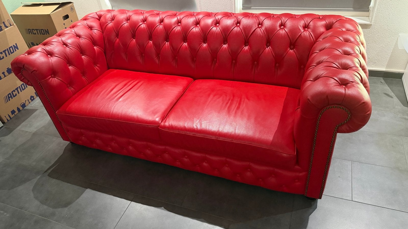 2 Chesterfield banken rood leer 195 cm met certificaat, Ophalen, Gebruikt, 150 tot 200 cm, Driepersoons