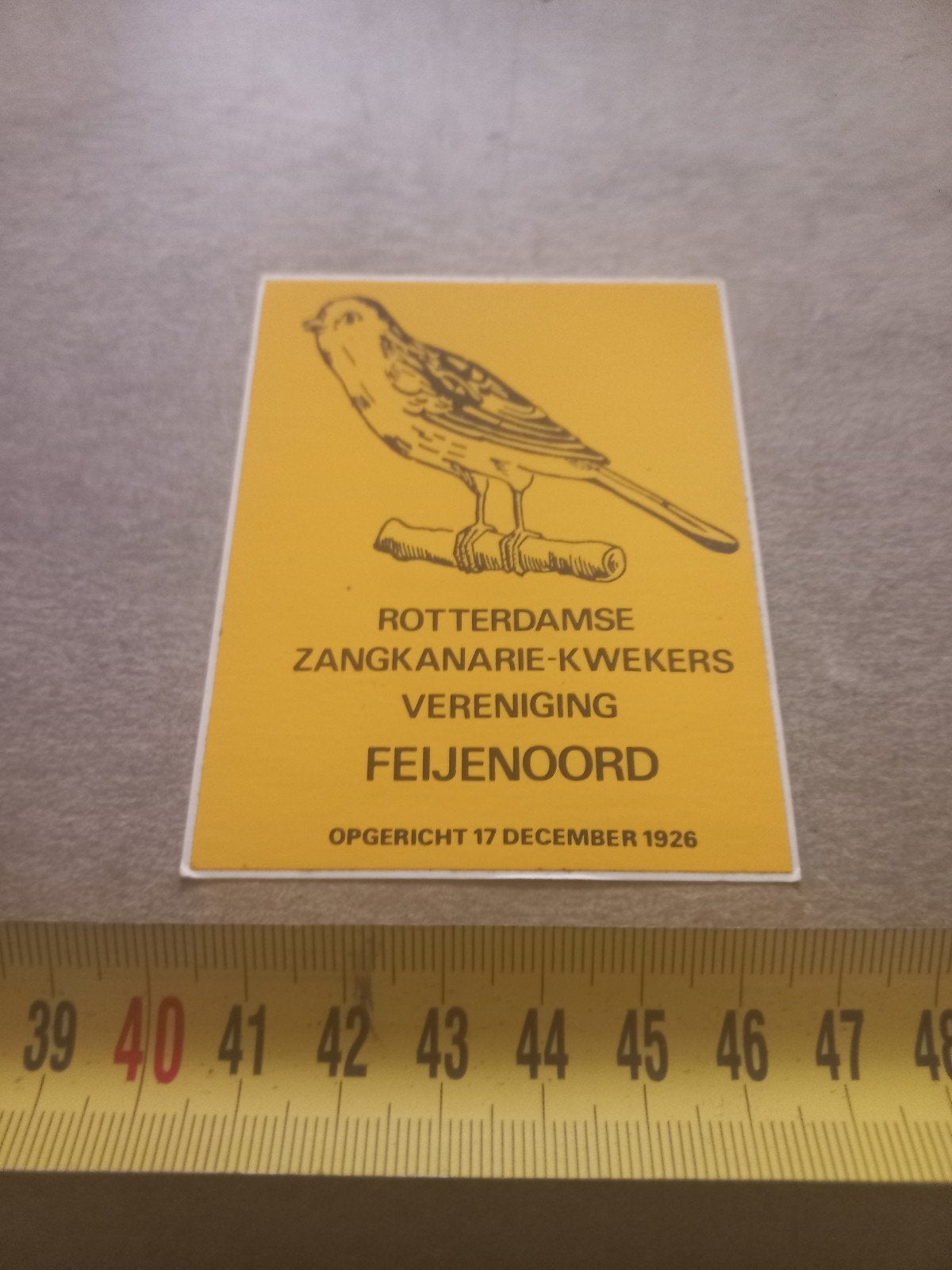 Vintage sticker Rotterdamsche Zangkanarie-Kwekers Feijenoord, Ophalen of Verzenden, Gebruikt