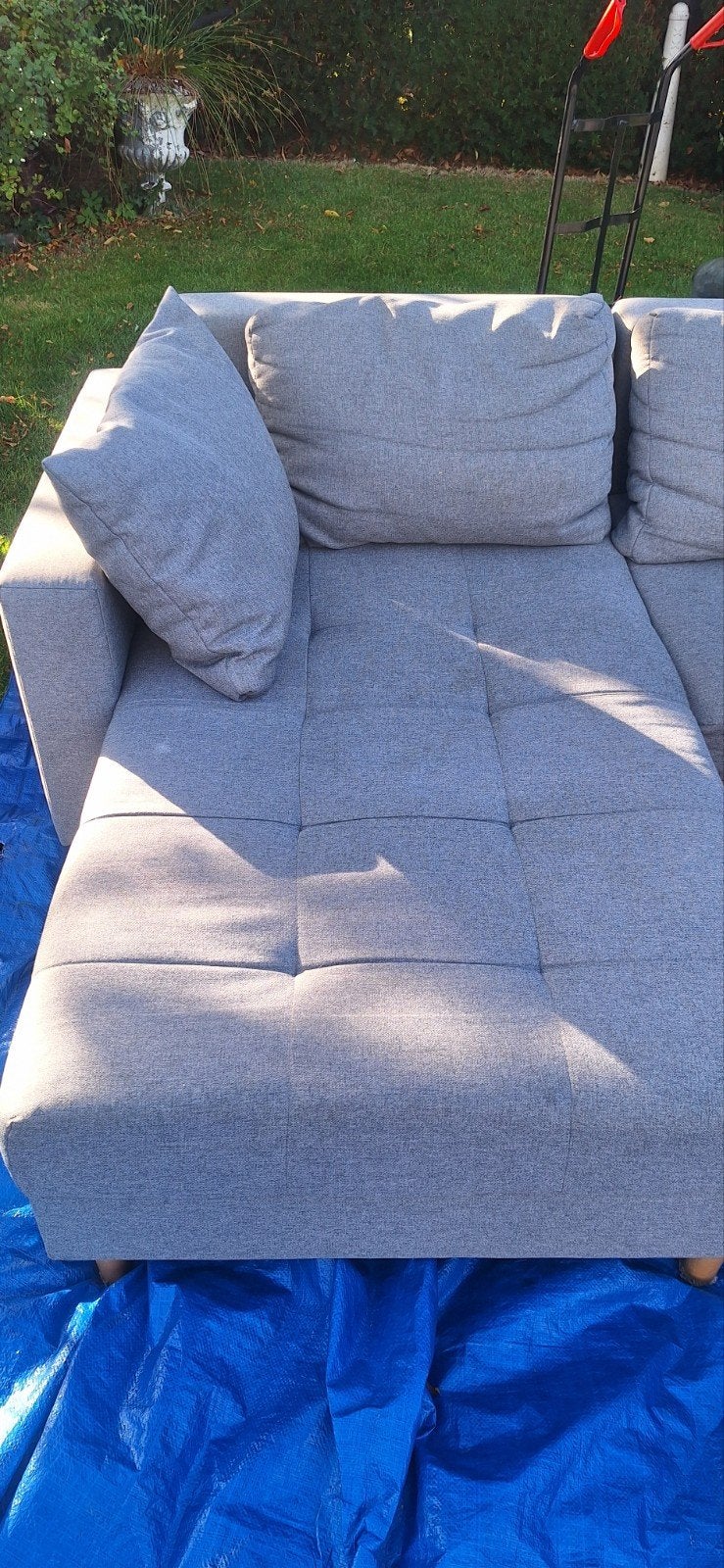 Grijze u bank met poef - Comfortabel en stijlvol, Ophalen, Modern, Comfortabel, Gebruikt, Onbekend@voorbeeld.com