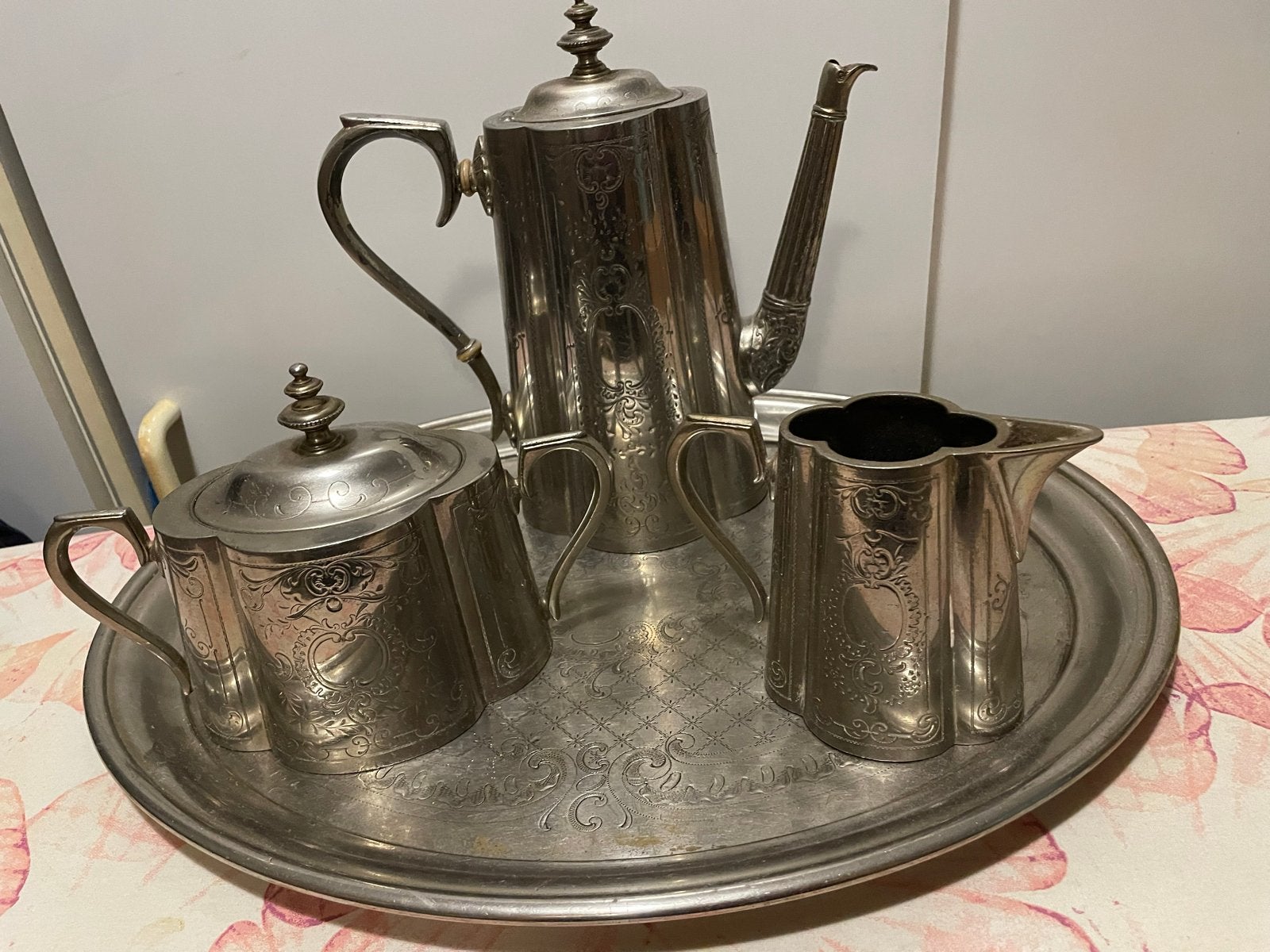Antiek verzilverd koffie- en theeservies met dienblad, Antiek en Kunst, Ophalen of Verzenden