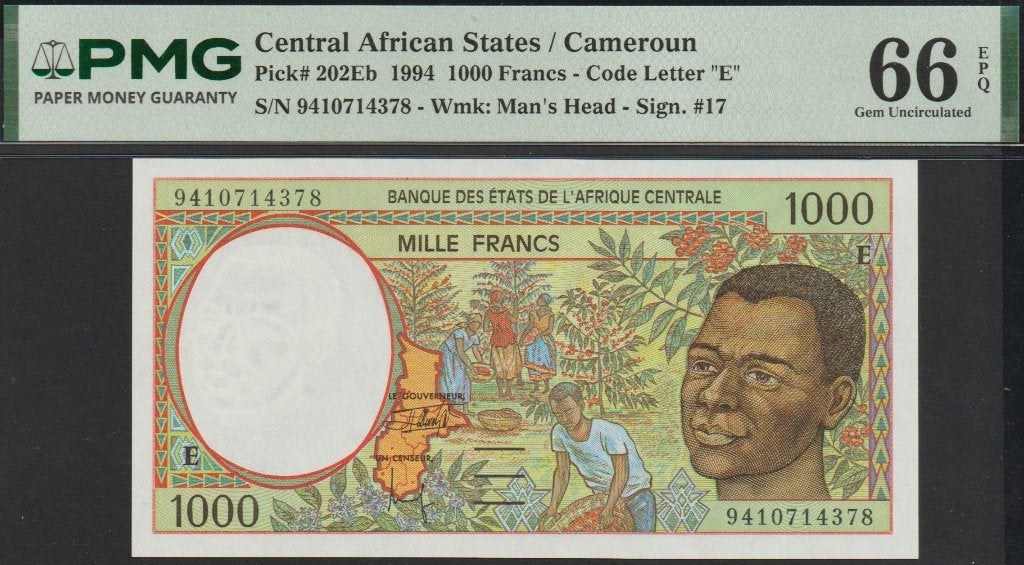 C.A.S. Cameroun 1000 francs 1994 UNC p.202Eb PMG 66 (# 74), Postzegels en Munten, Verzenden, Overige landen, Los biljet