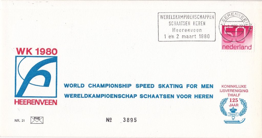 Zegelkoerier FHE 21 – WK schaatsen 1980 – Heerenveen, Ophalen of Verzenden, Envelop