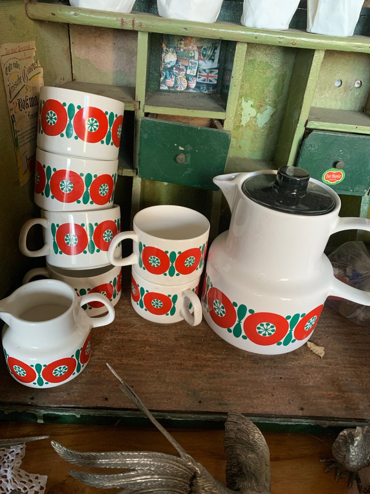 Vintage Melitta Germany Koffieservies Rood/Groen Bloemmotief, Ophalen