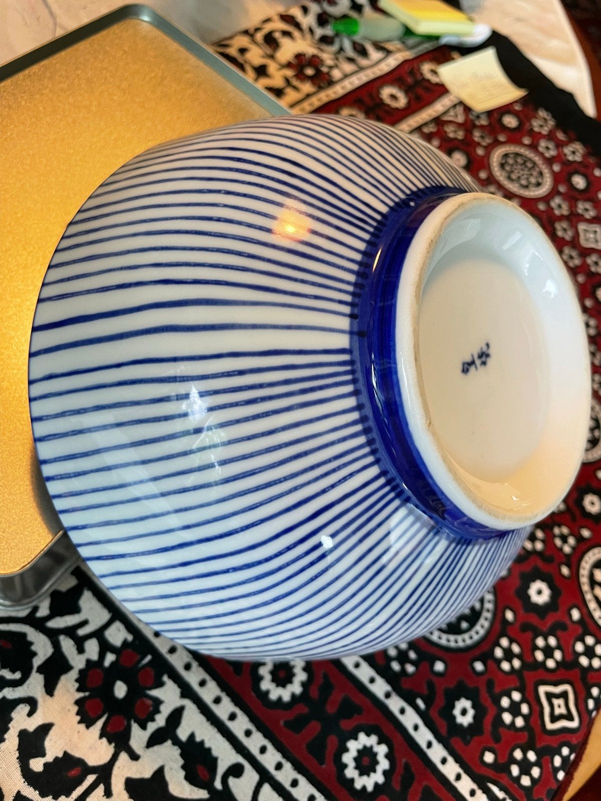 Vintage Japanse Kom - Blauw en Wit Gestreept Design, Antiek en Kunst, Ophalen of Verzenden