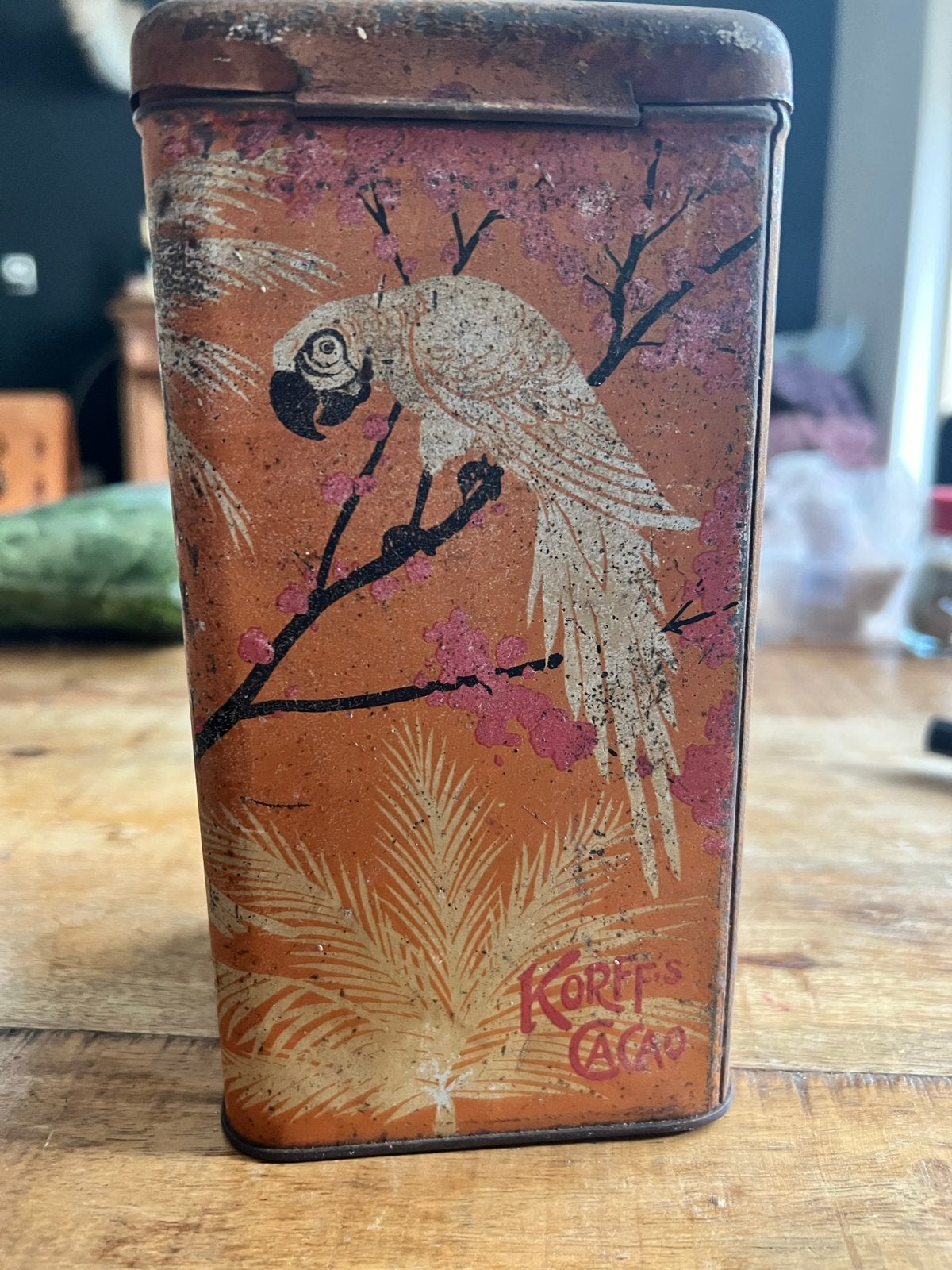 Vintage Korff's Cacao blik met papegaaien, jaren '30, Ophalen of Verzenden
