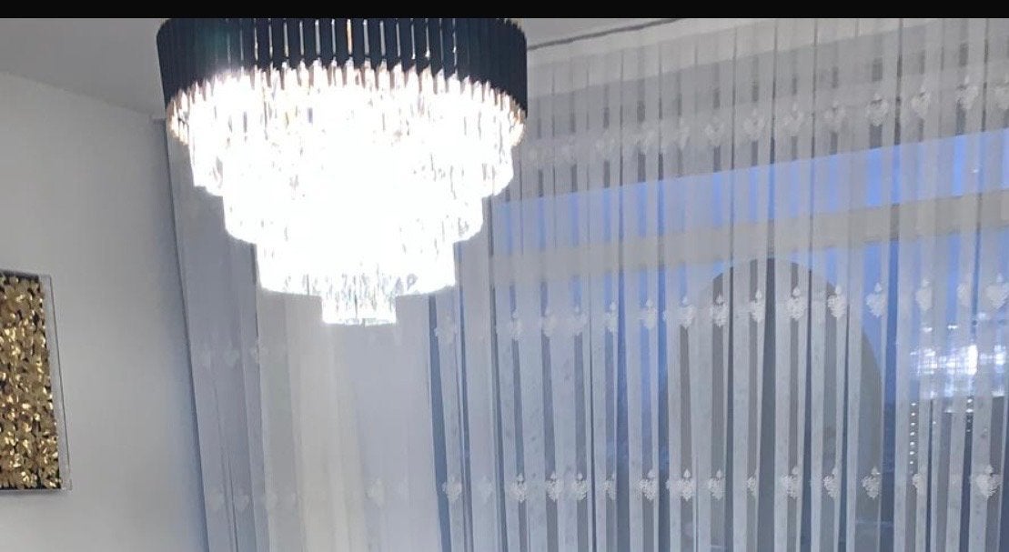 Luxe Kroonluchter met Kristallen en Zwart/Gouden Details, Ophalen, Zo goed als nieuw, Glas