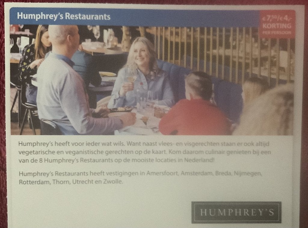 Humphrey’s Restaurants in meerdere locaties Voordeelbon, Drie personen of meer, Kortingsbon, Overige typen