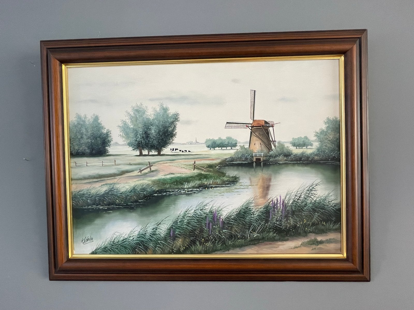 Schilderij Hollands Landschap met Molen en Koeien, Ophalen, Doek, Realistisch, Gesigneerd