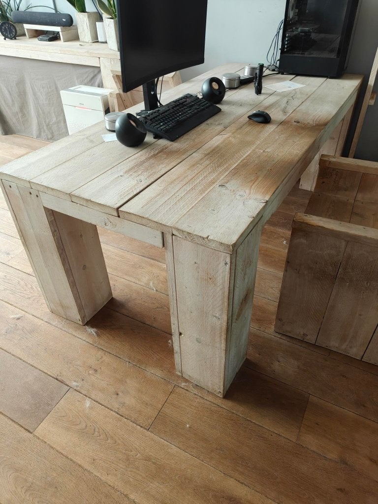 tafel en stoelen van stijgerhout en witte vloer olie, Huis en Inrichting, Tafels | Eettafels, Ophalen, Gebruikt, 100 tot 150 cm