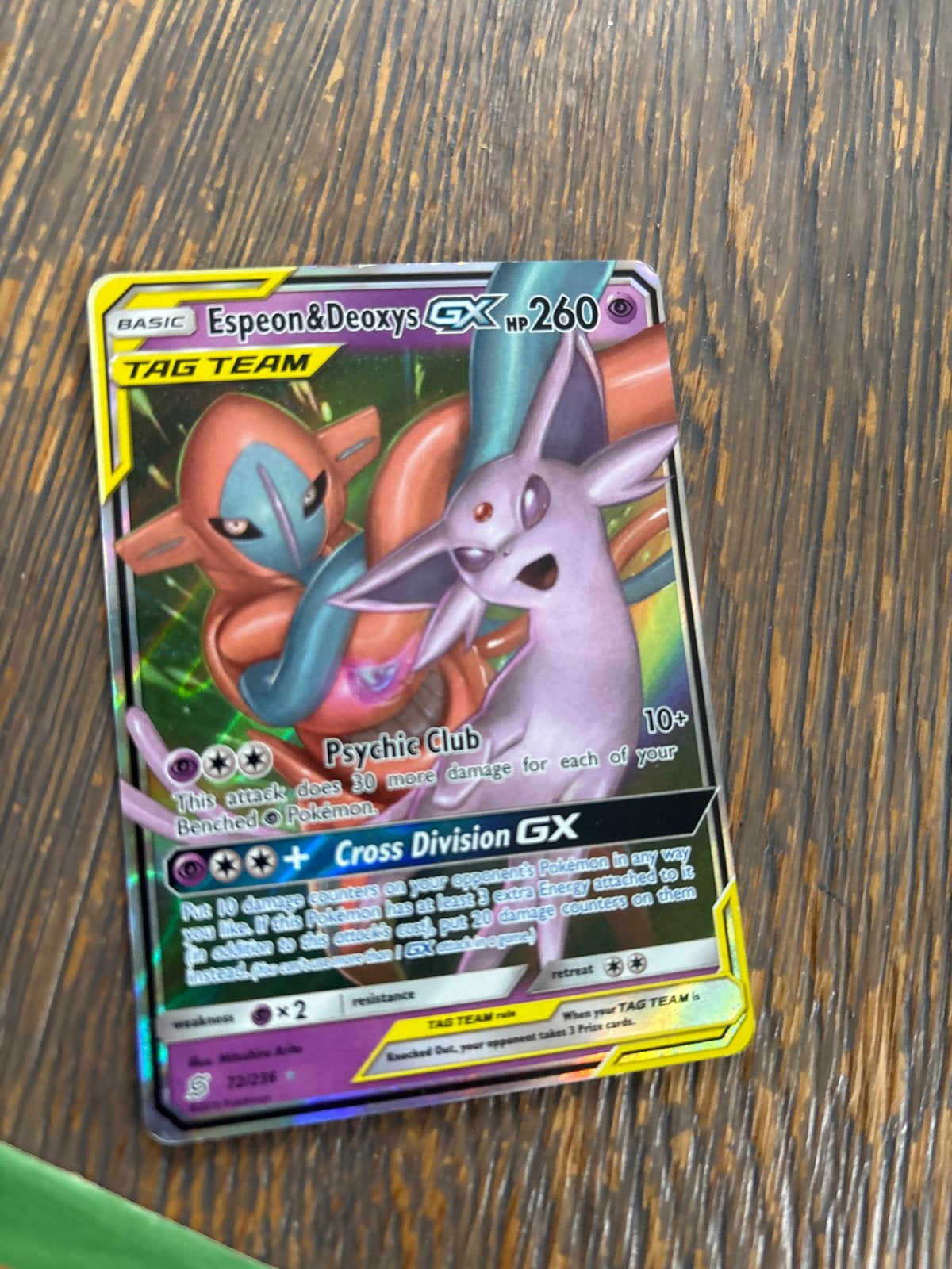 Espeon & Deoxys GX Pokémon Kaart - Tag Team, Ophalen of Verzenden, Zo goed als nieuw, Losse kaart, Foil