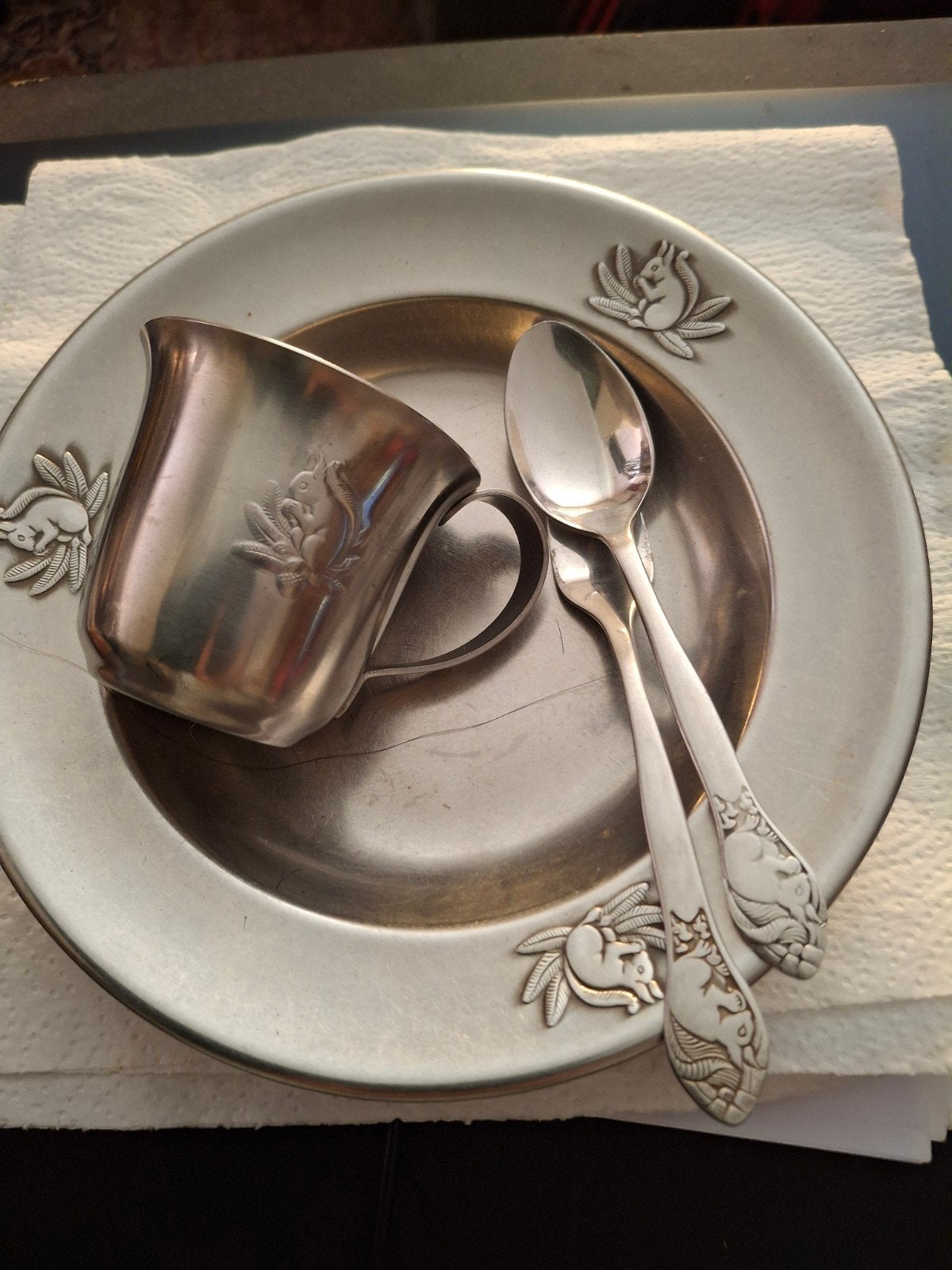 Vintage  Gero zilmeta kinderbestekset met eekhoornmotief, Antiek en Kunst, Ophalen of Verzenden