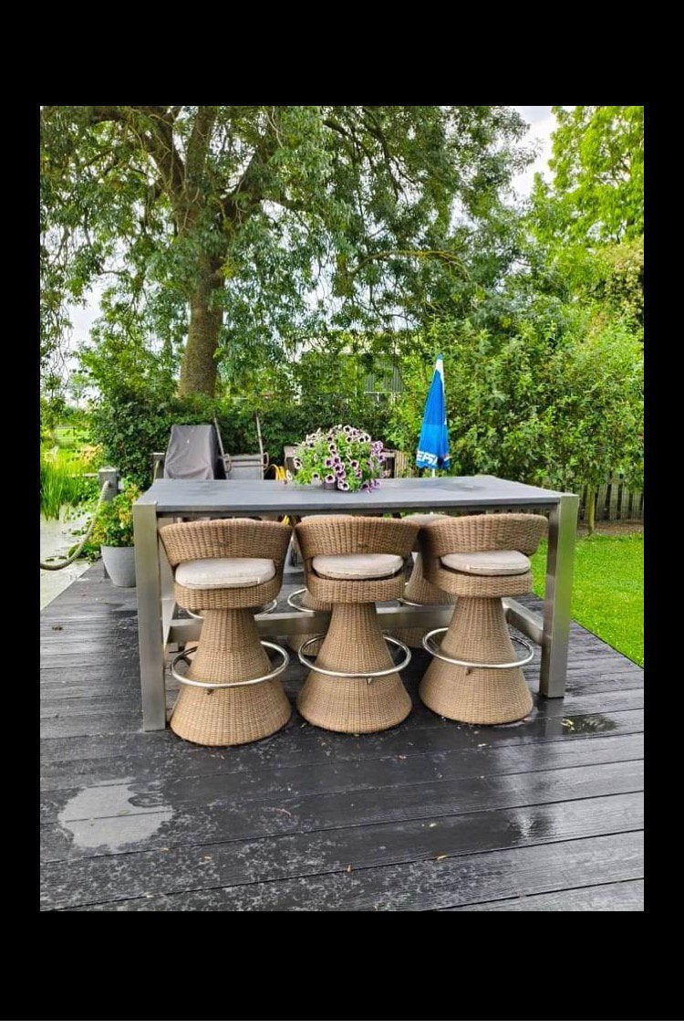 Statafel met zes weerbestendige rotan fauteuils,, Ophalen, Zo goed als nieuw