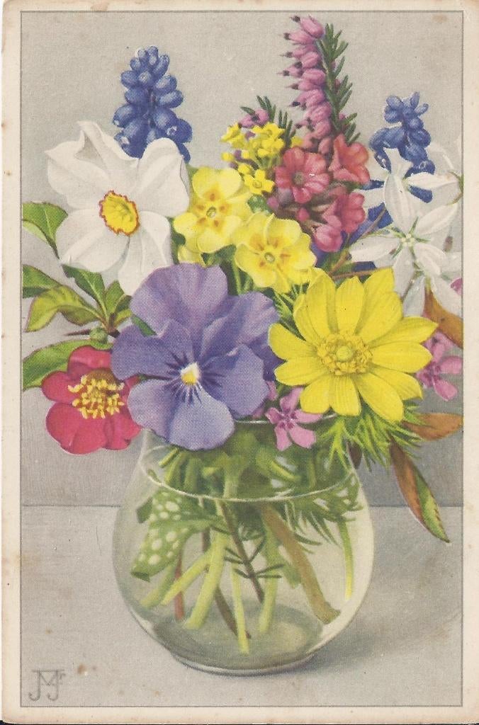 X2 Ansichtkaart vaas met bloemen uit 1956, Ophalen of Verzenden, 1940 tot 1960, Gelopen