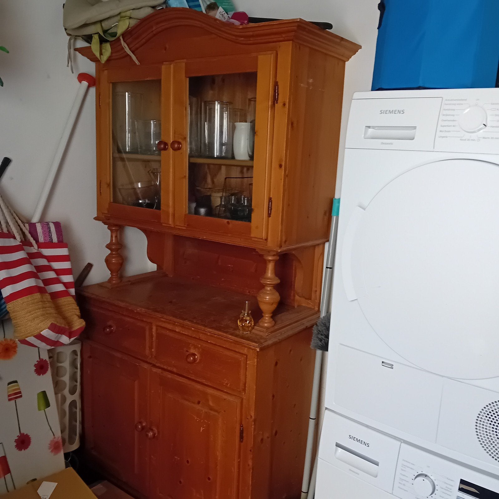 Vintage houten buffetkast met vitrine en lades, Ophalen, Gebruikt, 50 tot 100 cm, Landelijk, Klassiek, Vintage