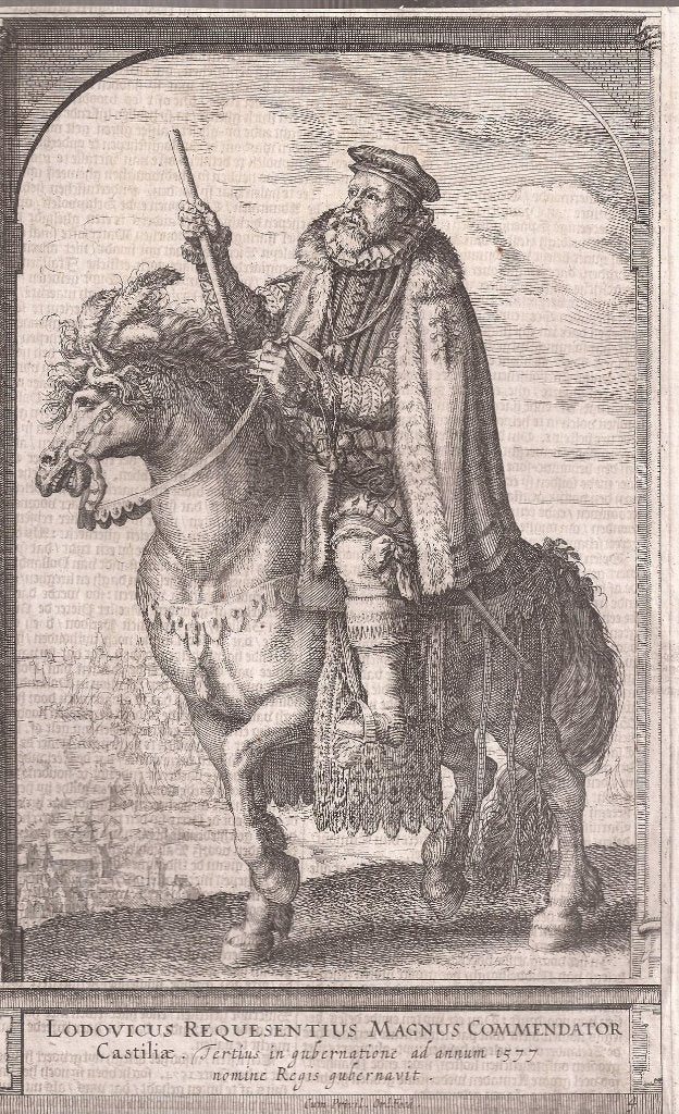 Ruiterportret van Don Luis Requesens Landvoogd Leiden 1614, Antiek en Kunst, 26 cm, Portret, Gravure, Met tekst