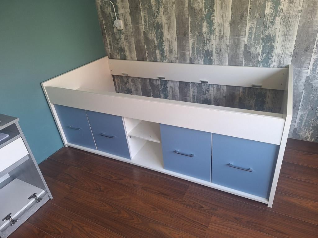 Kinderbed halfhoogslaper met kastjes eronder, Ophalen, 85 tot 100 cm, Gebruikt, Hoogslaper of Stapelbed
