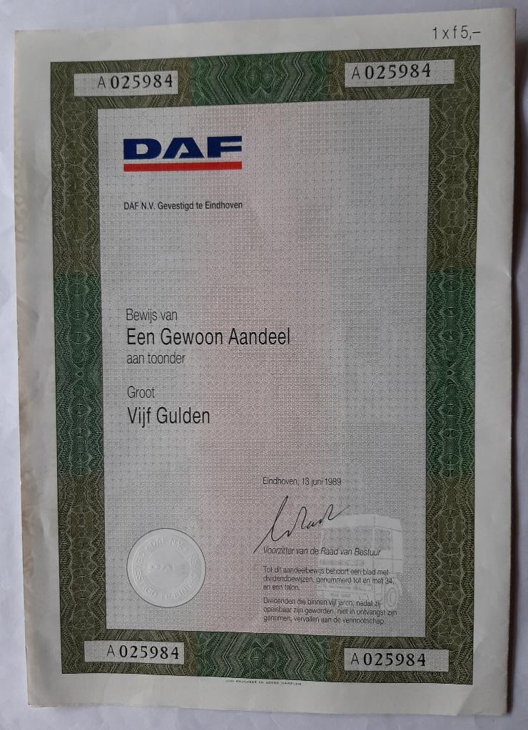 DAF Aandeel  5 gulden 1989, Verzenden, 1970 tot heden, Aandeel