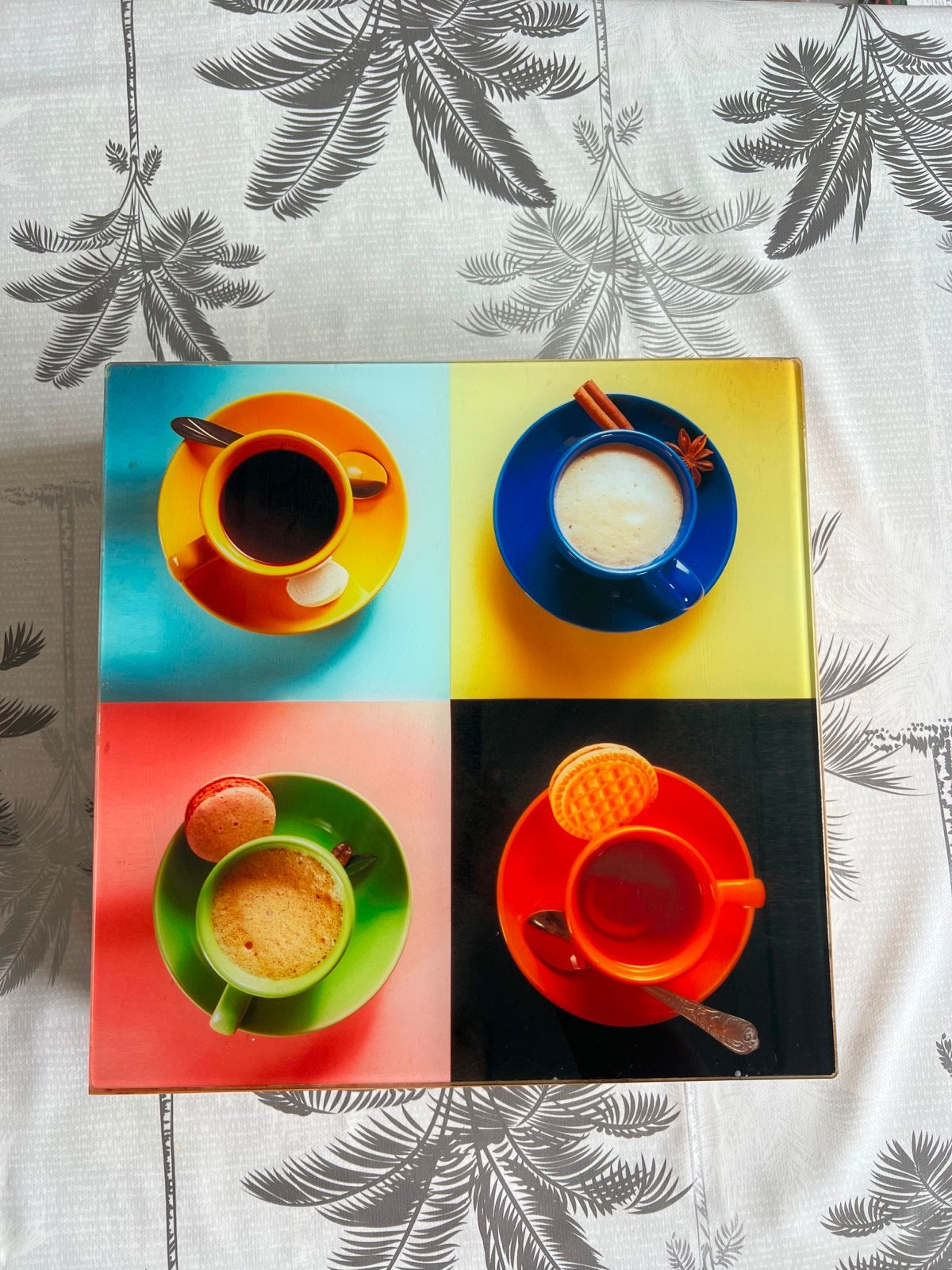 Theedoos van bamboe met glazen deksel en koffie/thee print, Ophalen, Hout, Zo goed als nieuw, Meerkleurig