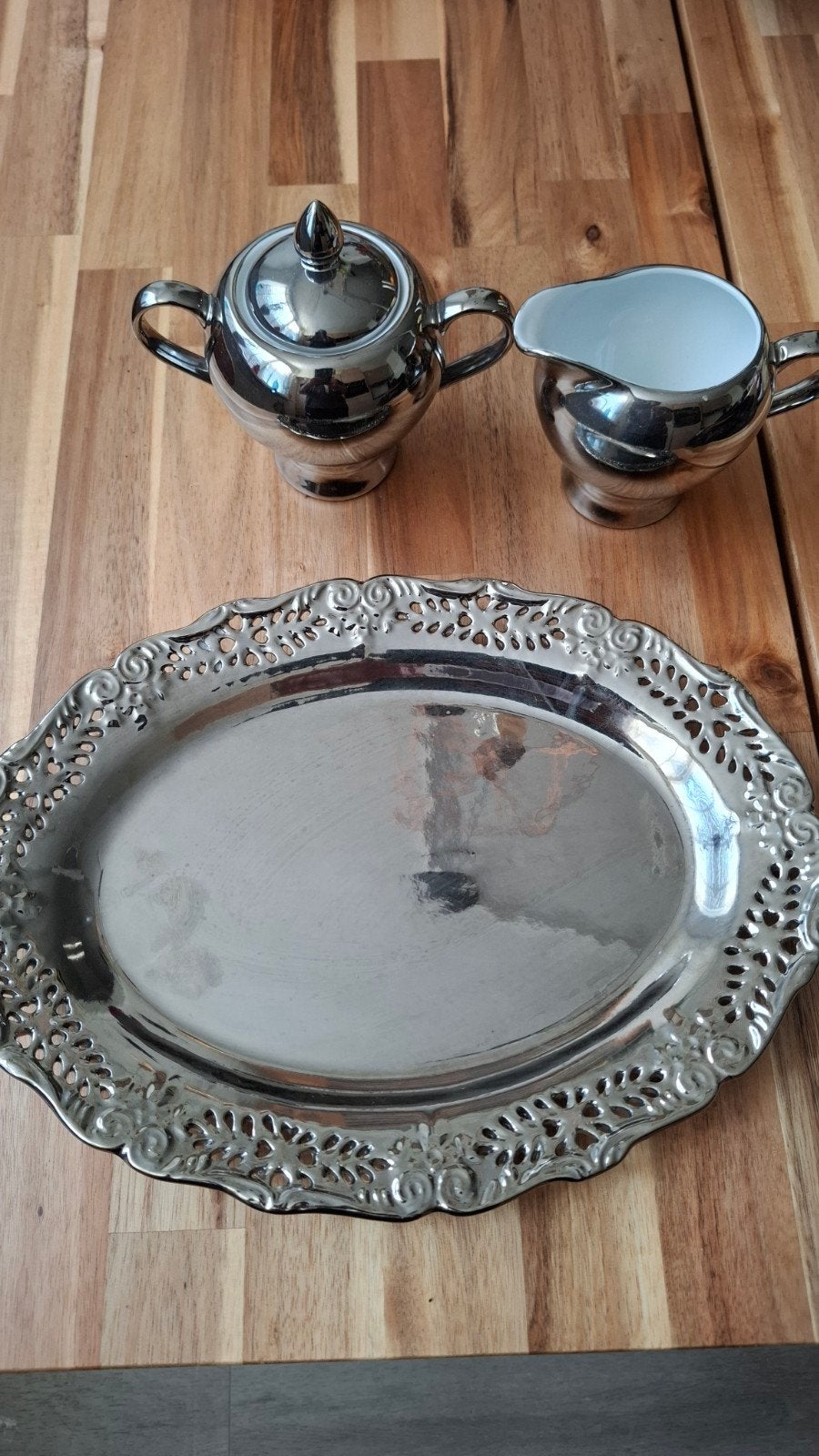 Verzilverde suikerpot, melkkan en dienblad set, Ophalen of Verzenden