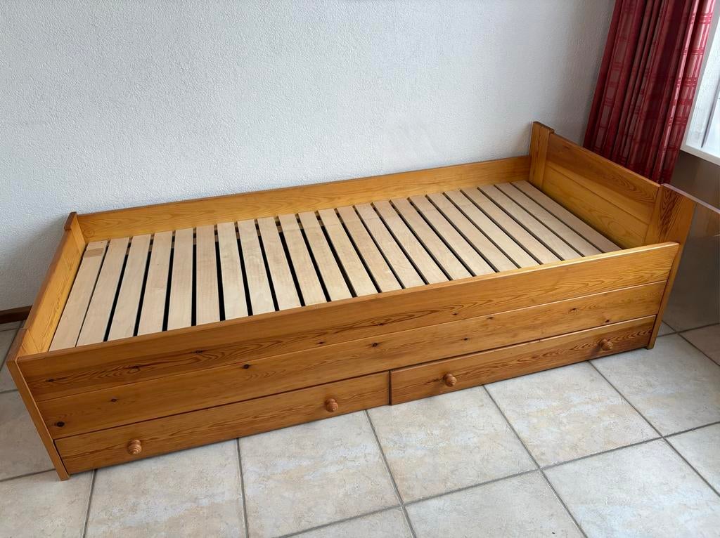 Grenen eenpersoonsbed 90x200 cm met 2 lades, Huis en Inrichting, Ophalen, Gebruikt, 90 cm, Eenpersoons