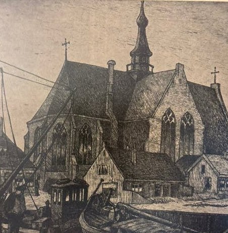 Kerk aan de haven in Waalwijk, Stadsgezicht, Ophalen of Verzenden, Gesigneerd, 1950 - 1999