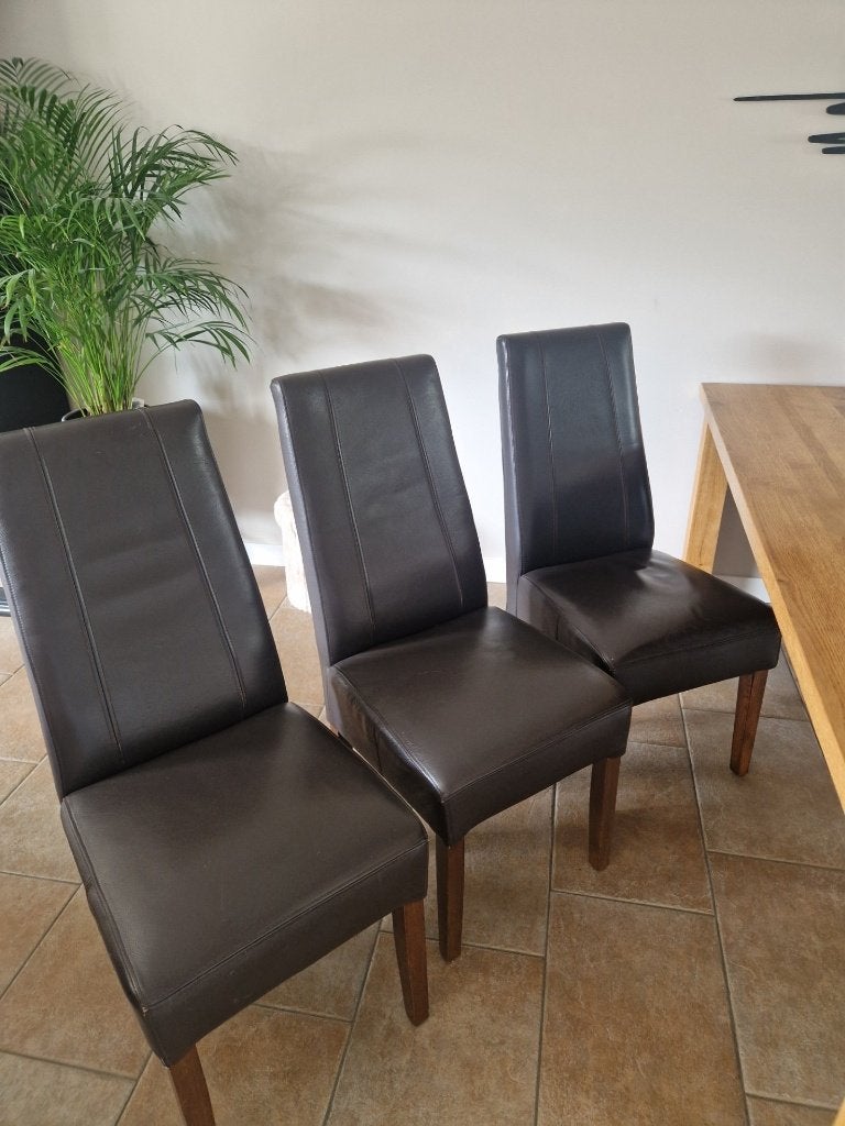 6 Lederen eetkamerstoelen, donkerbruin/zwart H&H, Huis en Inrichting, Stoelen, Ophalen, Gebruikt, Bruin, Koloniaal