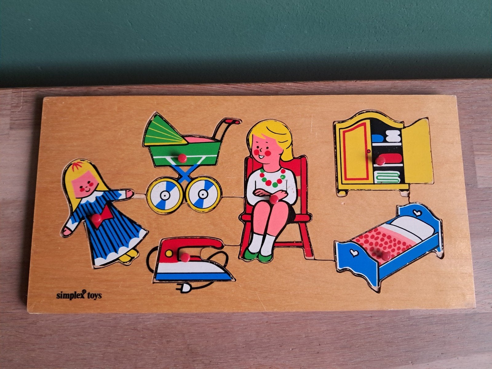 De Groene Merel houten noppen poppen puzzel 6 stukjes, Gebruikt, Ophalen of Verzenden, Van hout, Minder dan 10 stukjes