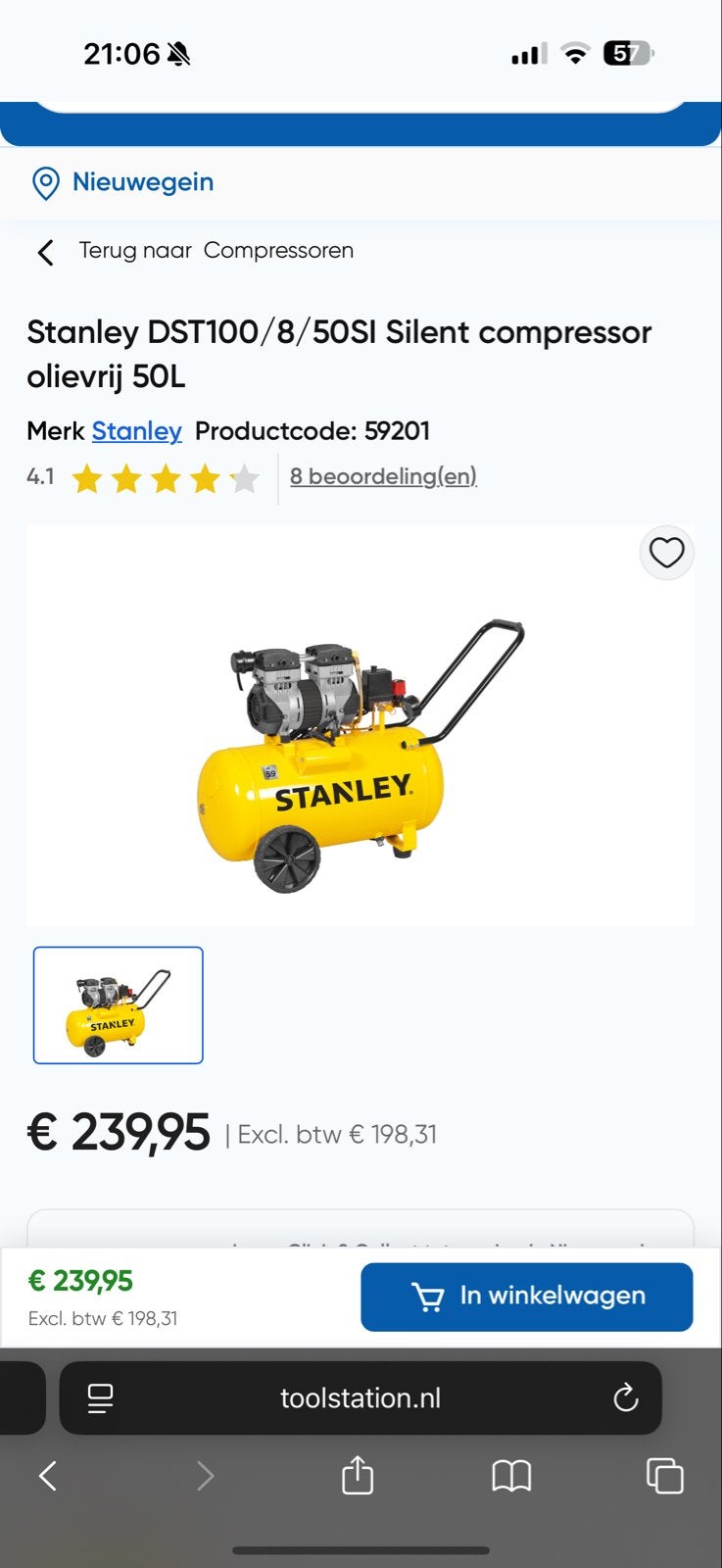 Stanley DST100/8/50SI Stille Olievrije Compressor 50L, Doe-het-zelf en Verbouw, Compressors, Ophalen, 6 tot 10 bar, Nieuw, Minder dan 200 liter/min