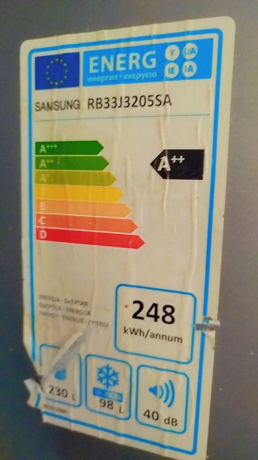 Samsung RB33J3205SA Koel-vriescombinatie A++ No Frost, Gebruikt, 200 liter of meer, 60 cm of meer, Met aparte vriezer